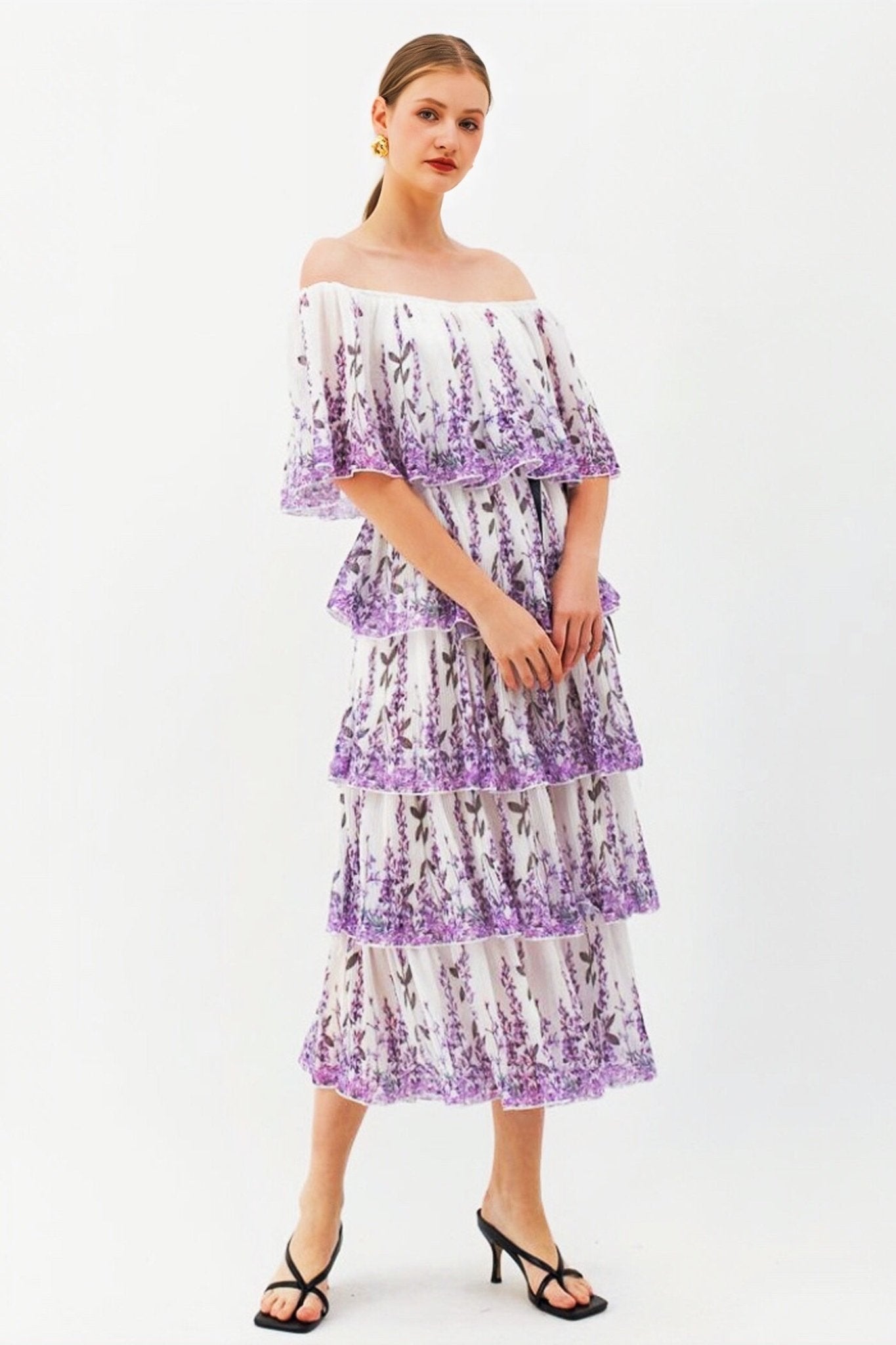 Vestido Midi Estampado con Volantes Florales - Vestiria