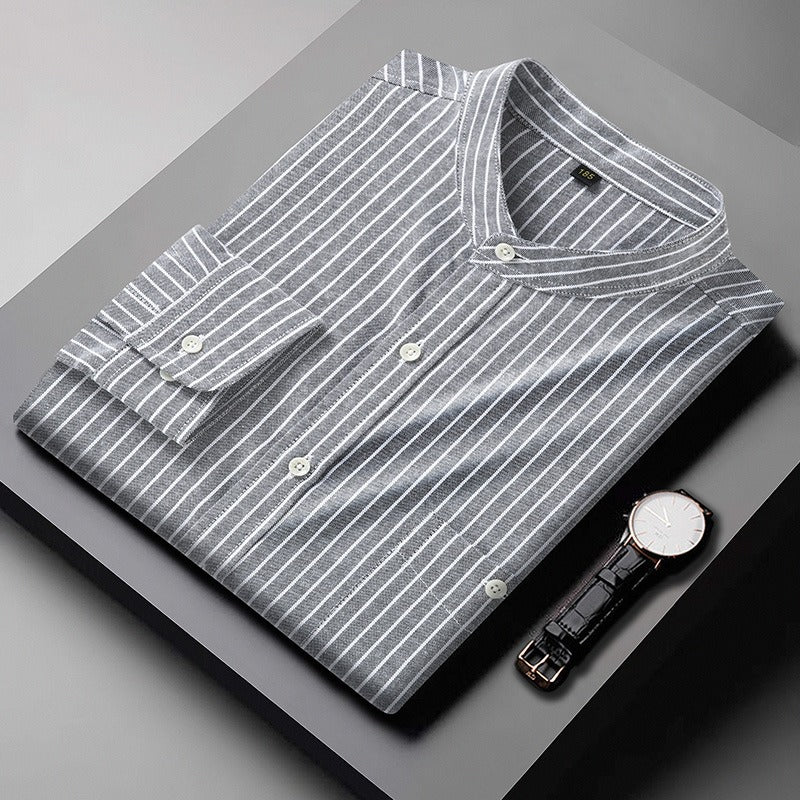 Camisa Hombre Rayas Clásica Cuello Mao Relajada