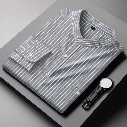 Camisa Hombre Rayas Clásica Cuello Mao Relajada