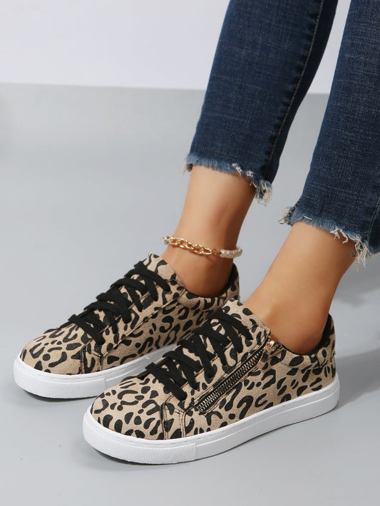 Zapatillas Mujer Estampado Leopardo con Cremallera Lateral - Vestiria