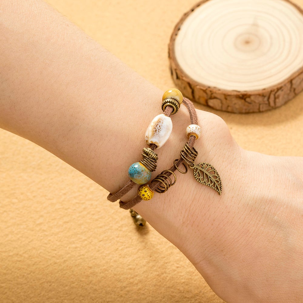 Pulsera Mujer Cuero Natural con Cuentas Coloridas