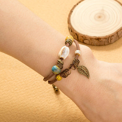 Pulsera Mujer Cuero Natural con Cuentas Coloridas