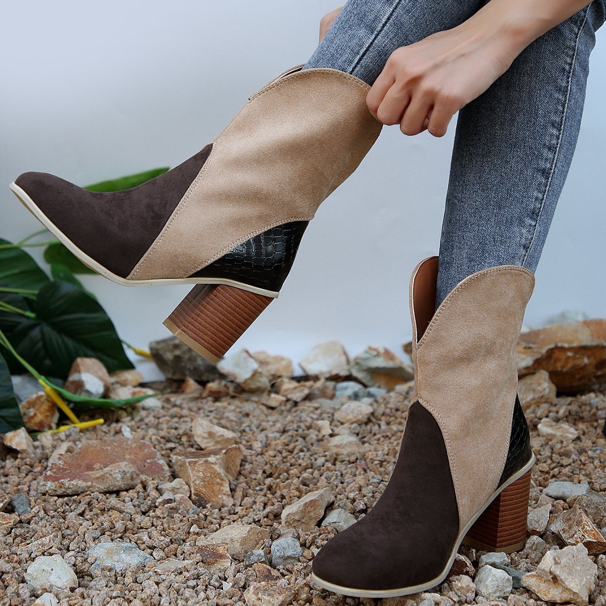 Botas Mujer Ante Tacón Cuadrado Elegantes - Vestiria