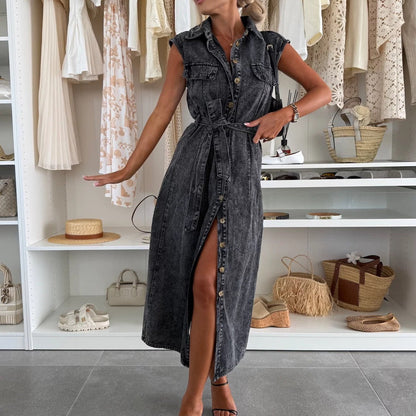 Vestido Denim Mujer Sin Mangas Estilo Clásico