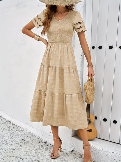 Vestido de Encaje Largo Elegante Mangas Cortas - Vestiria