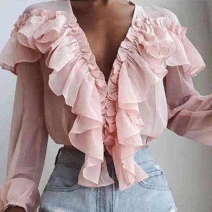 Blusa Mujer Elegante con Volantes y Cuello en V