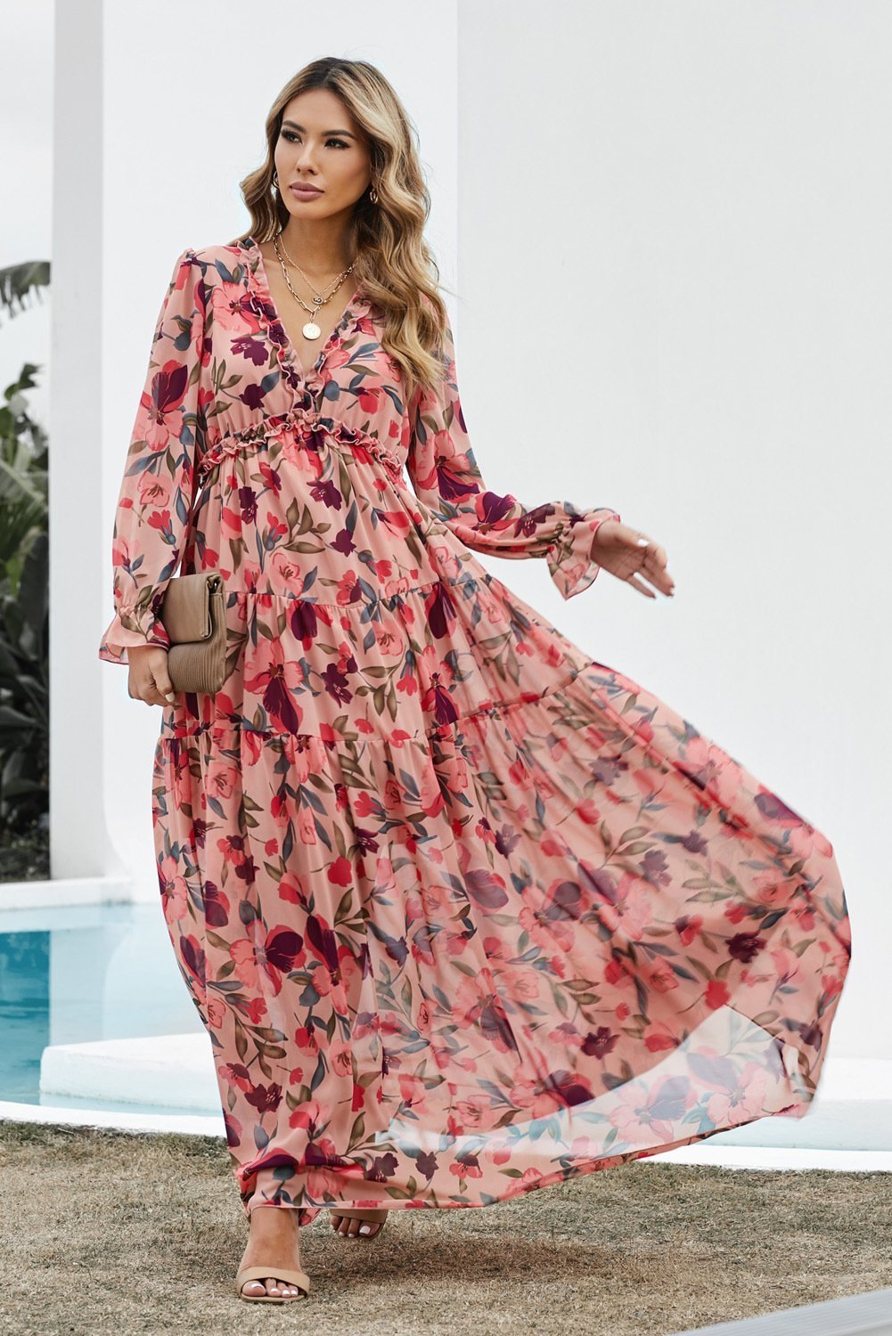 Vestido Maxi Estampado Escote en V Elegante