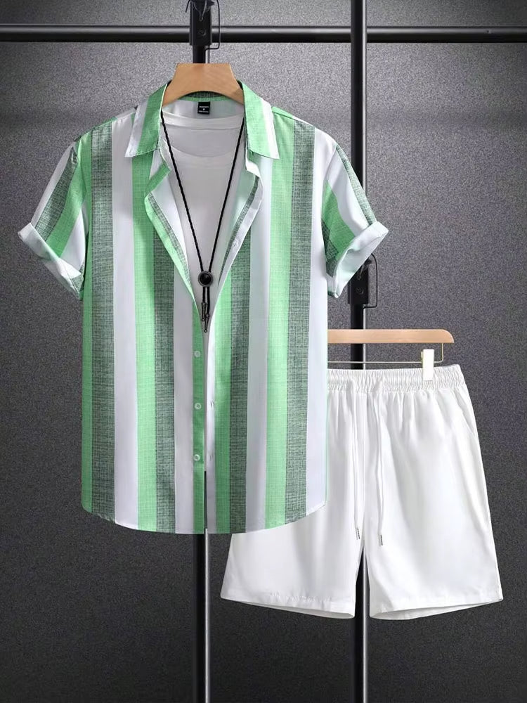 Conjunto verano hombre camisa a rayas y pantalón corto deportivo - Vestiria