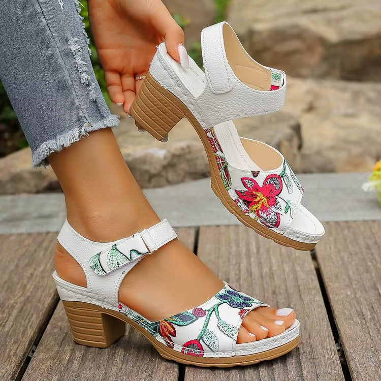 Sandalias Mujer Tacón Alto Estampado Floral - Vestiria