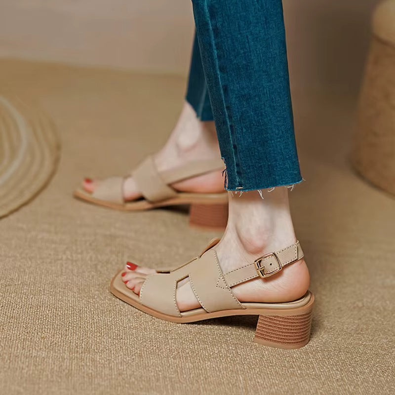 Sandalias Mujer Cuero Imitación Tacón Bajo Elegantes - Vestiria