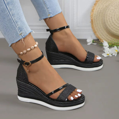 Sandalias Mujer Cuña Brillante Estilo Glamour