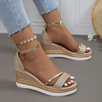 Sandalias Mujer Cuña Brillante Estilo Glamour
