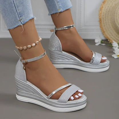 Sandalias Mujer Cuña Brillante Estilo Glamour