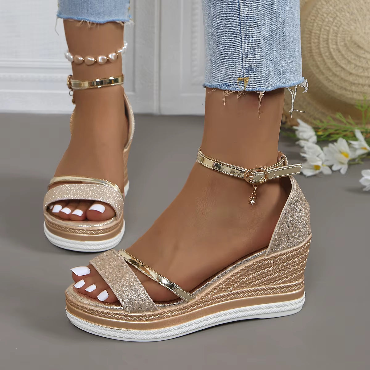 Sandalias Mujer Cuña Brillante Estilo Glamour - Vestiria