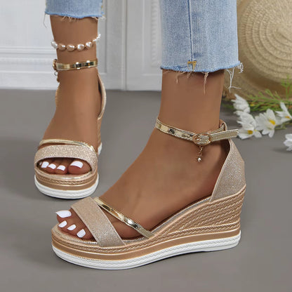 Sandalias Mujer Cuña Brillante Estilo Glamour - Vestiria
