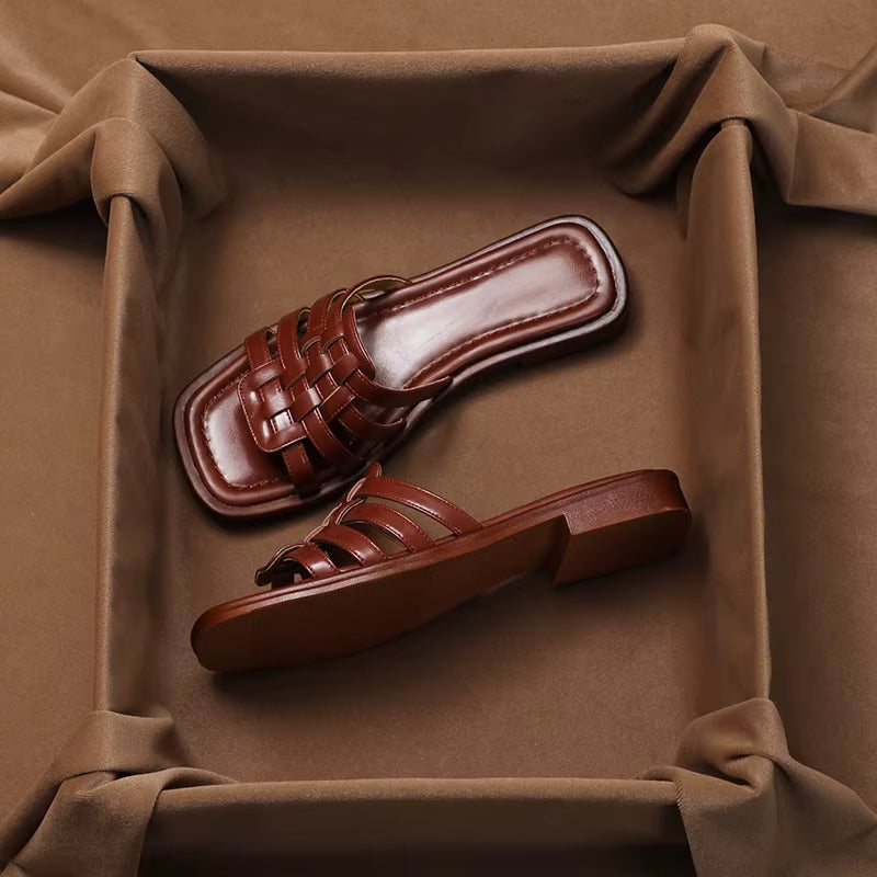 Sandalias Mujer Plano Trenzado de Imitación Piel