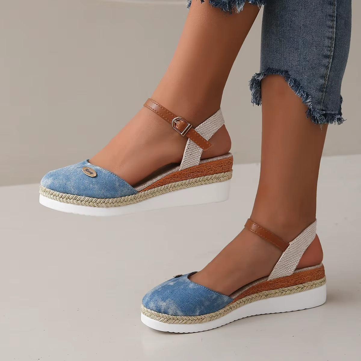 Sandalias Cuña Mujer Lona con Correa Ajustable de Esparto