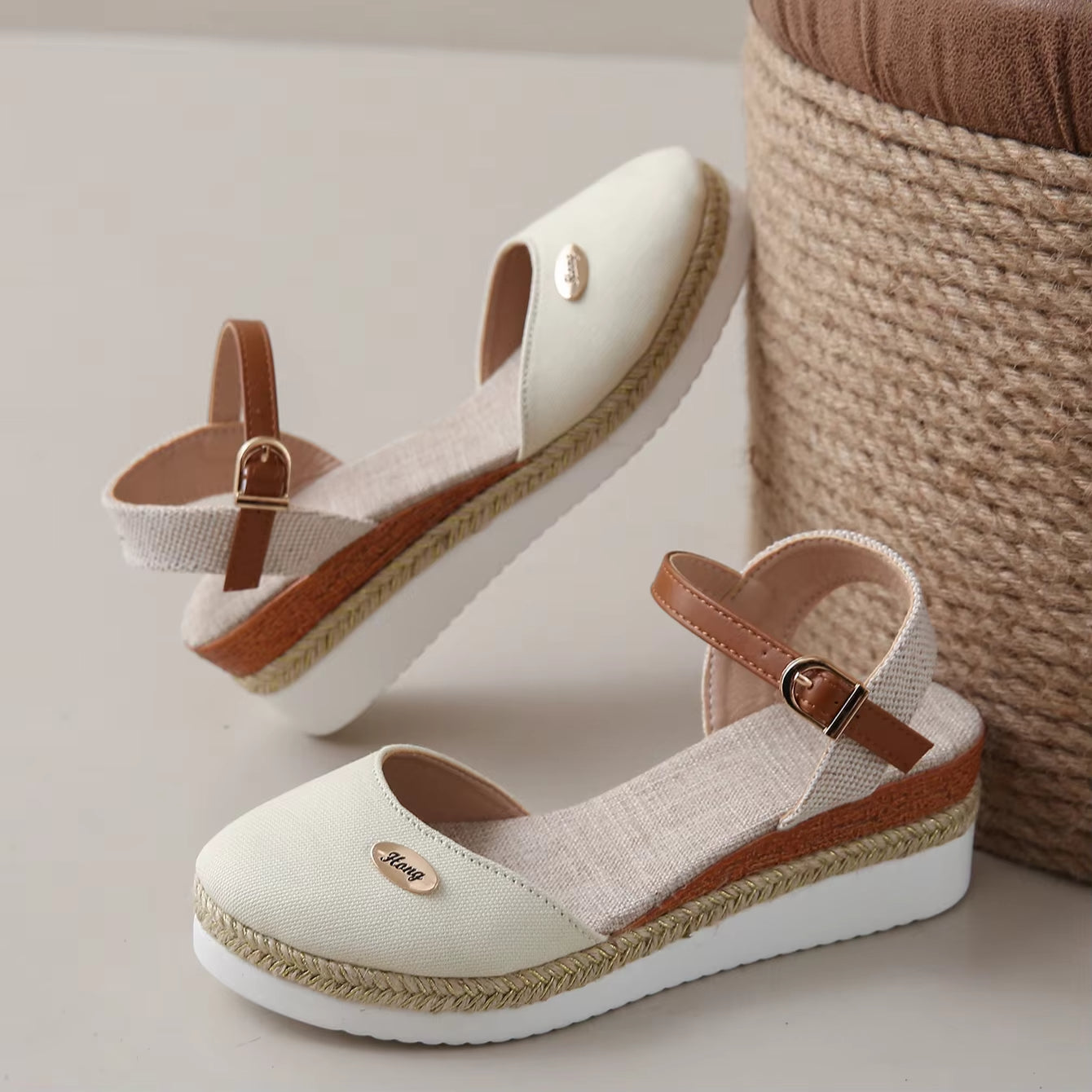 Sandalias Cuña Mujer Lona con Correa Ajustable de Esparto - Vestiria