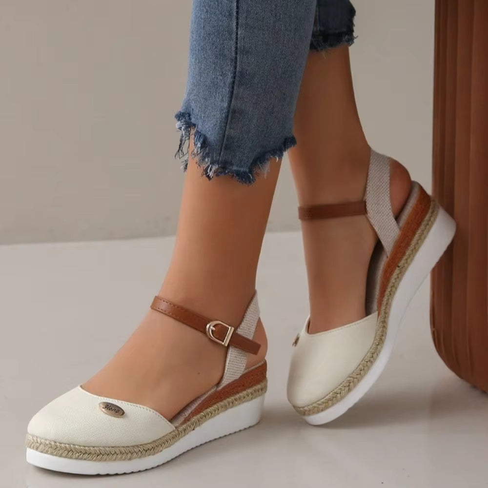 Sandalias Cuña Mujer Lona con Correa Ajustable de Esparto