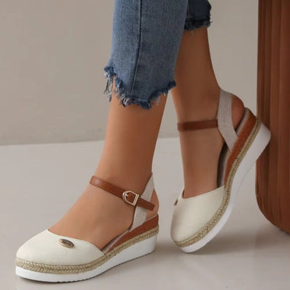 Sandalias Cuña Mujer Lona con Correa Ajustable de Esparto
