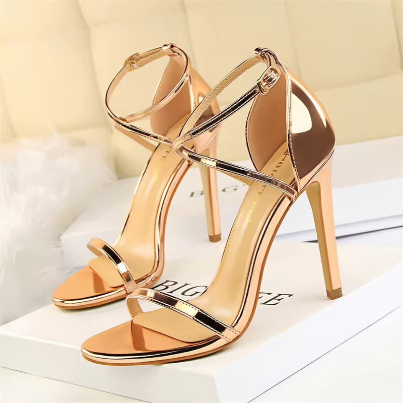 Sandalias Mujer Tacón Alto Brillantes Cruzadas