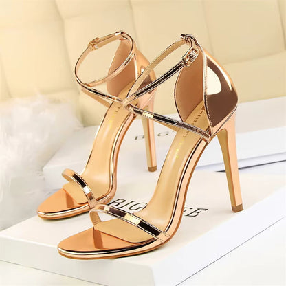 Sandalias Mujer Tacón Alto Brillantes Cruzadas