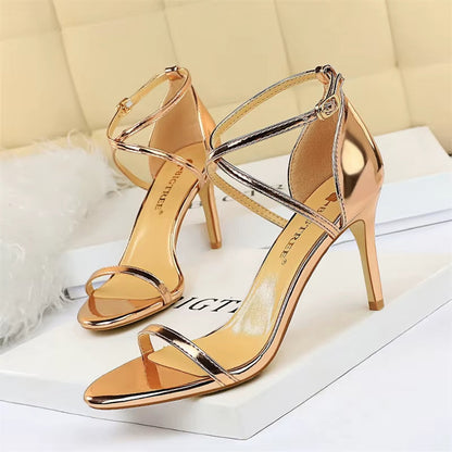 Sandalias Mujer Tacón Alto Brillantes Cruzadas