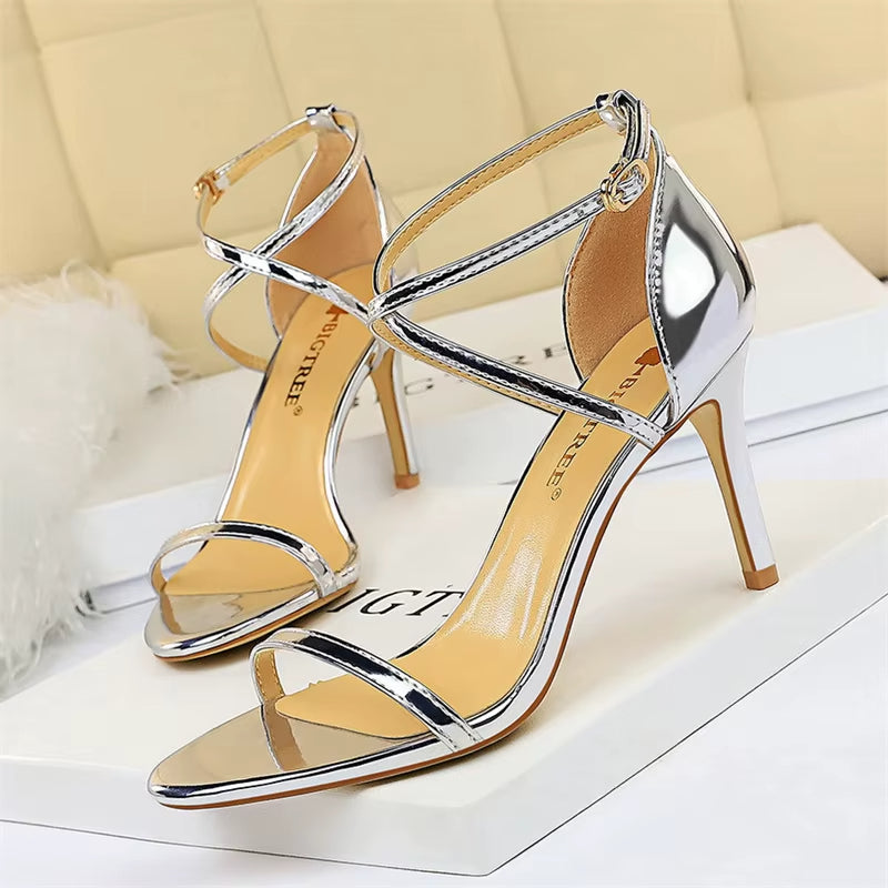 Sandalias Mujer Tacón Alto Brillantes Cruzadas