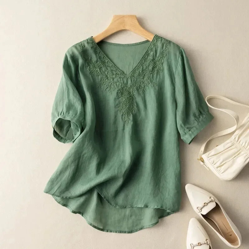 Blusa Mujer Lino Estilo Chic con Bordado