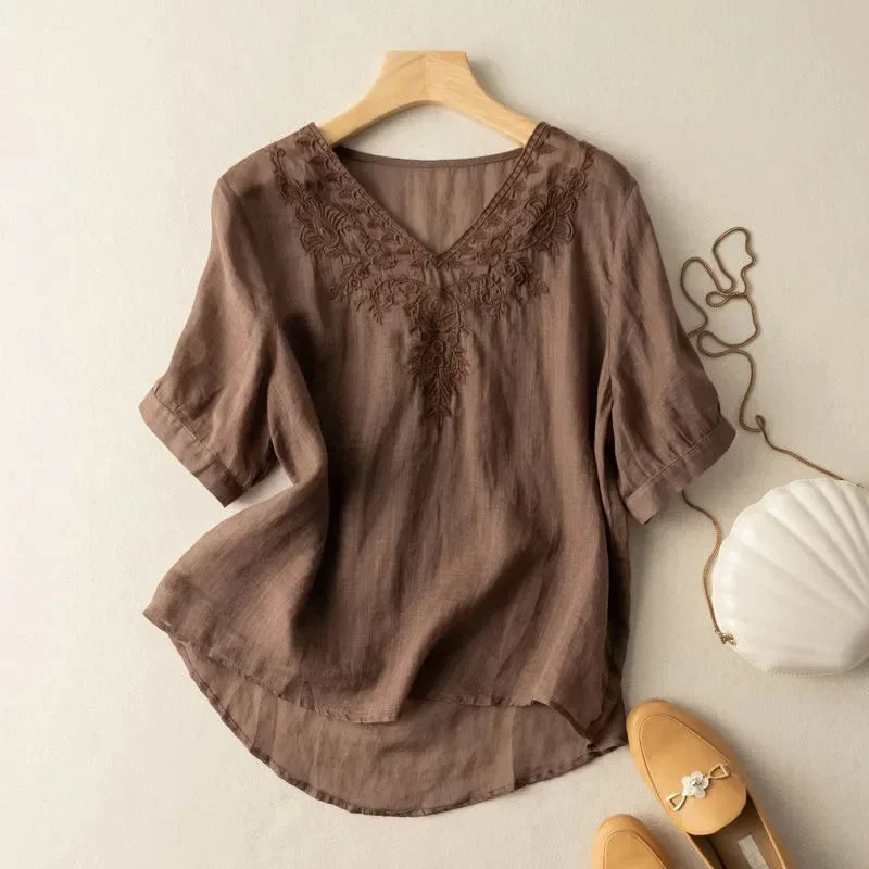 Blusa Mujer Lino Estilo Chic con Bordado - Vestiria