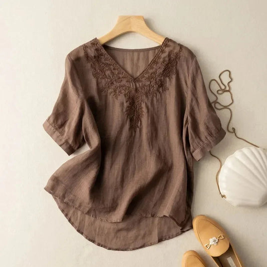 Blusa Mujer Lino Estilo Chic con Bordado - Vestiria