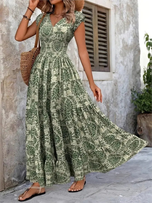 Vestido Boho Largo Mujer Estampado Verde Floral - Vestiria