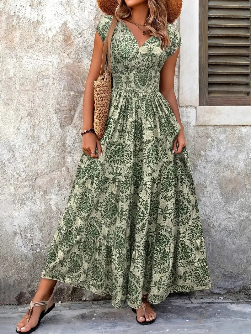 Vestido Boho Largo Mujer Estampado Verde Floral