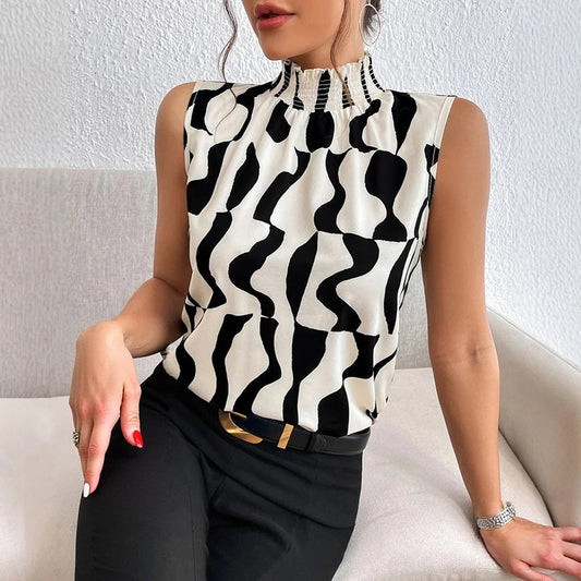 Blusa mujer cuello alto estampado geométrico negro y blanco - Vestiria