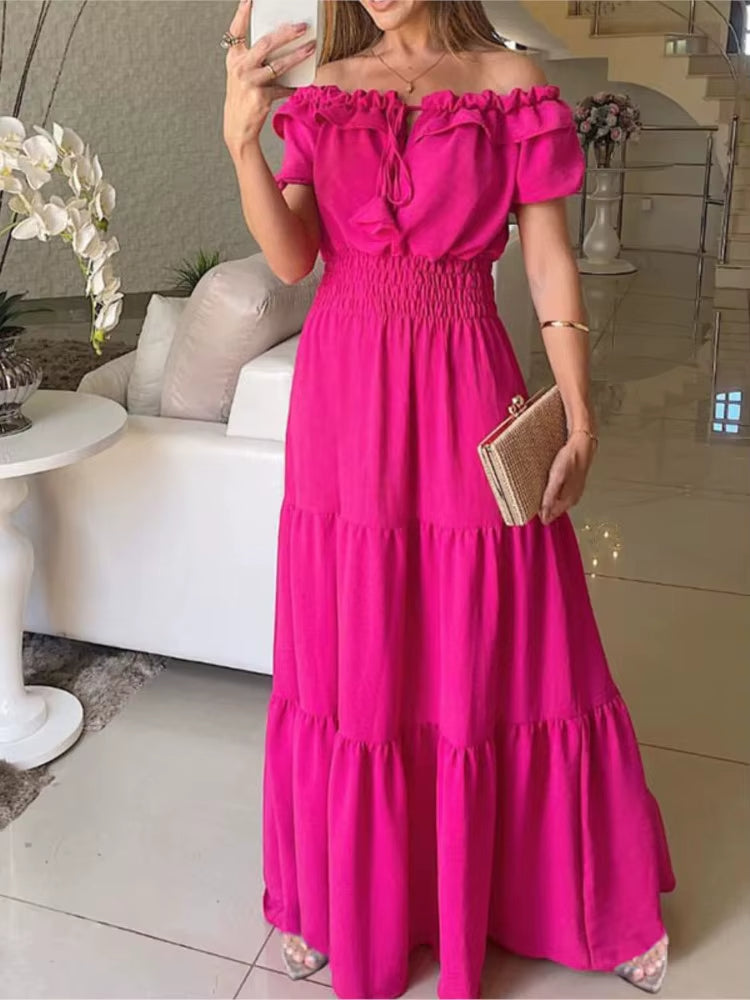 Vestido maxi femenino con volantes y hombros al descubierto - Vestiria