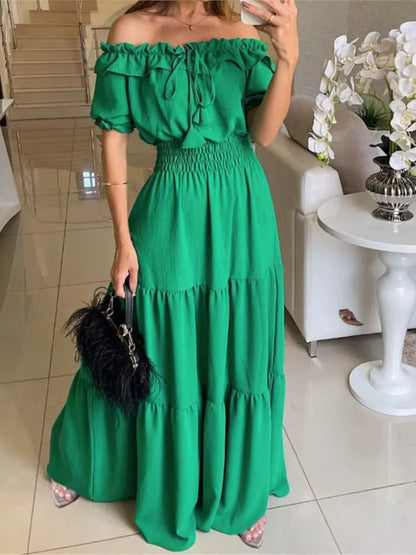 Vestido maxi femenino con volantes y hombros al descubierto
