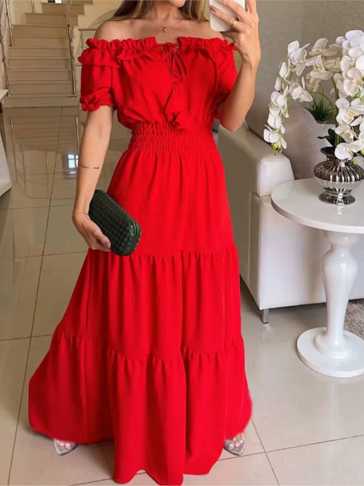 Vestido maxi femenino con volantes y hombros al descubierto