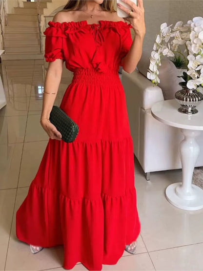Vestido maxi femenino con volantes y hombros al descubierto