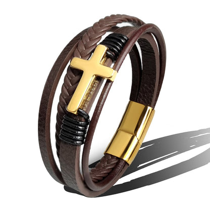 Pulsera Hombre Cuero Trenzado con Cruz Metálica