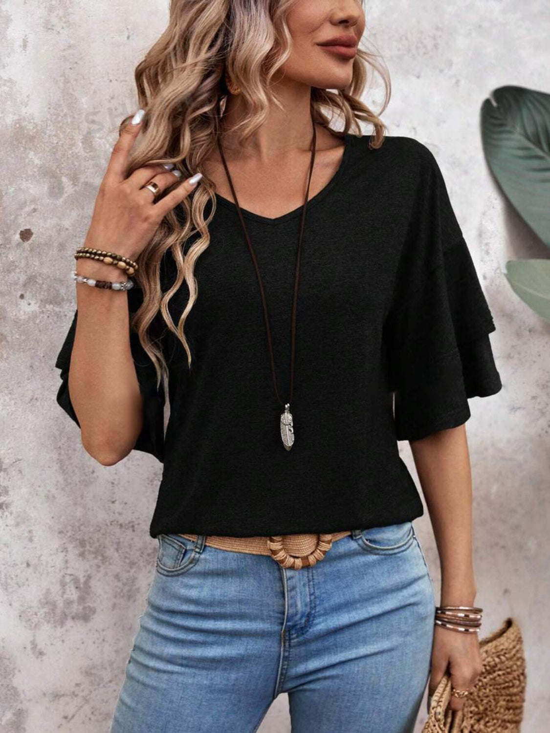 Blusa Fememina de Manga Corta con Volantes Capas