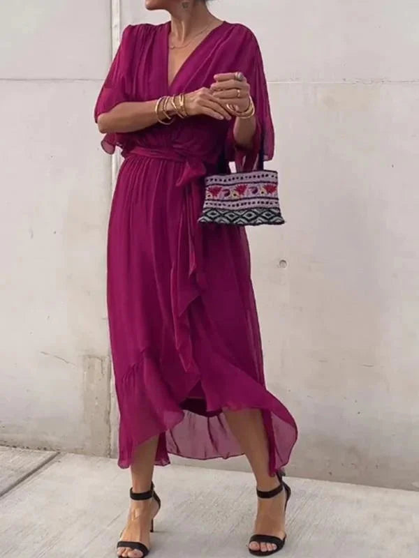 Vestido Midi Elegante con Cinturón y Escote en V