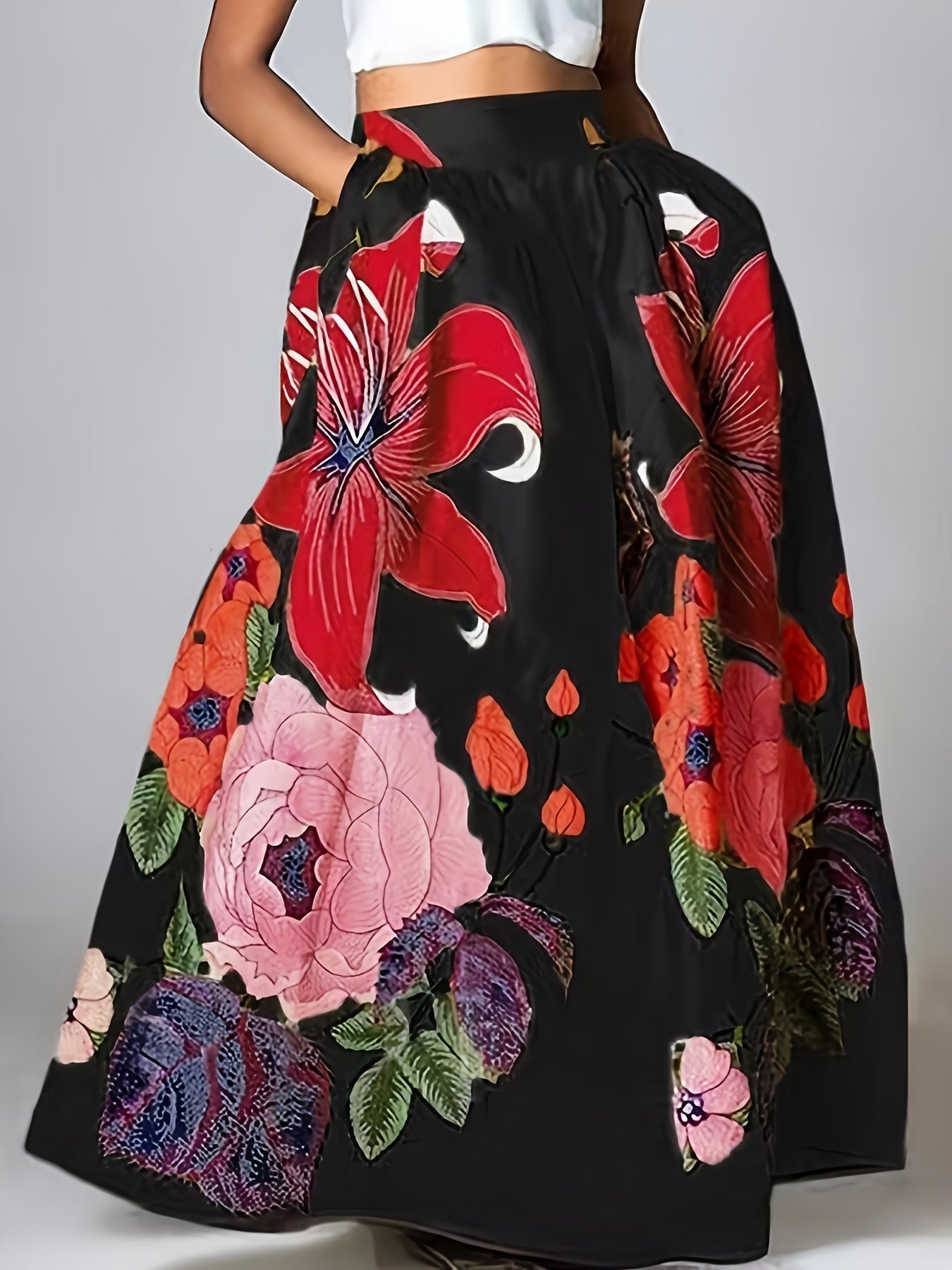 Falda Larga Floral con Cinturón para Mujer - Vestiria