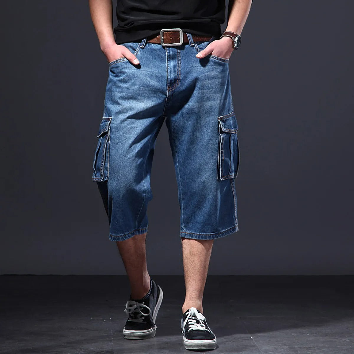 Pantalones cortos cargo hombre denim con bolsillos - Vestiria