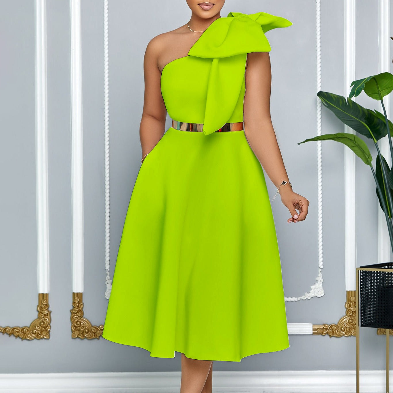 Vestido Mujer Lazo Elegante Hombro Descubierto