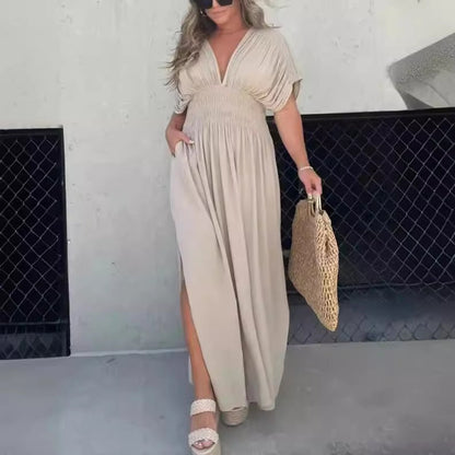Vestido Mujer Largo Escote V Cintura Fruncida Elegante - Vestiria