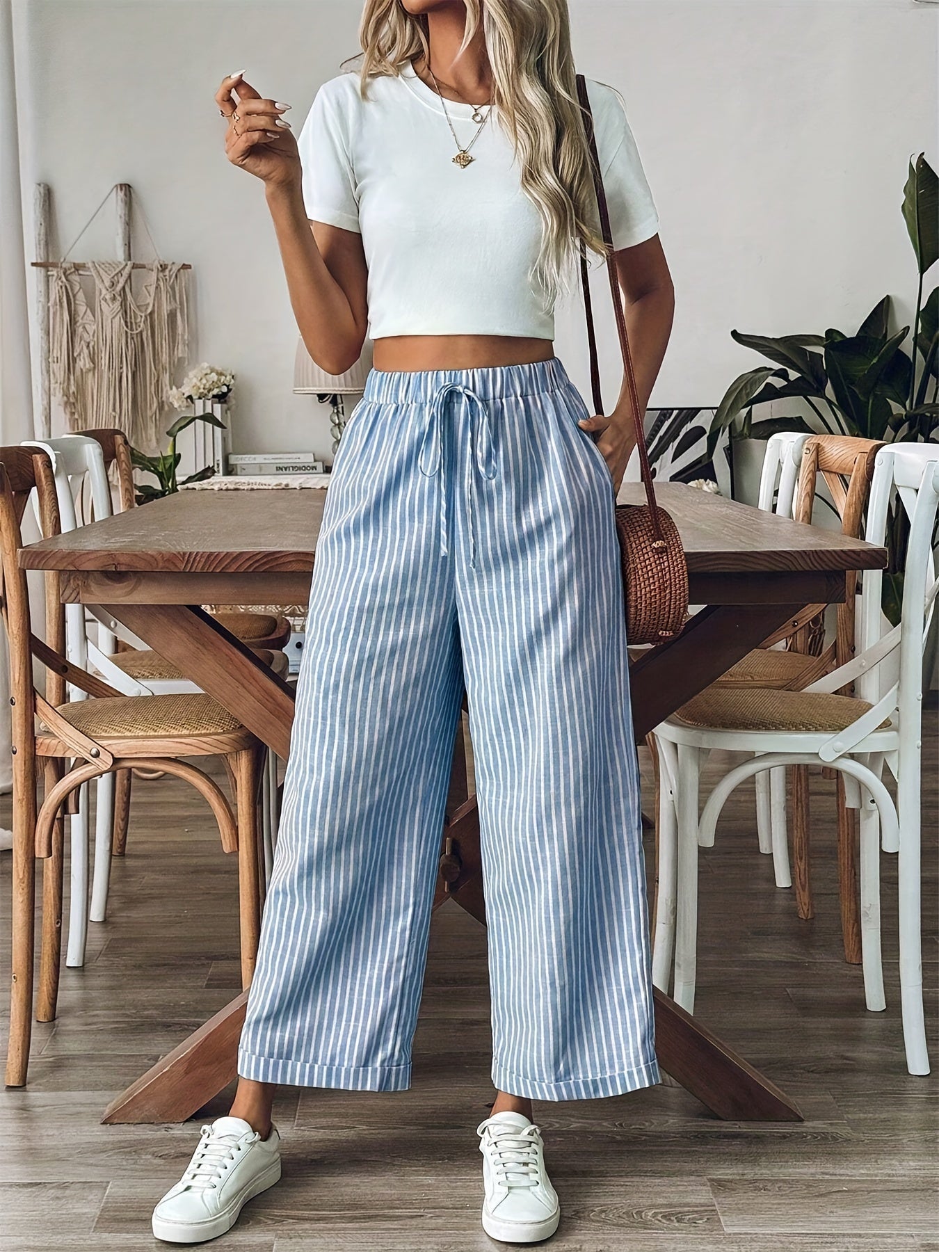 Pantalón de rayas ajustado con cintura elástica Mujer - Vestiria