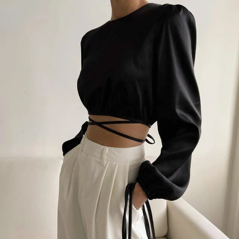 Blusa corta con lazos de seda elegante - Vestiria