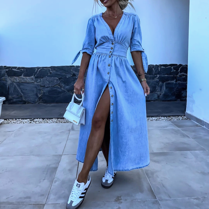 Vestido Largo Azul Casual con Cierre Delantero