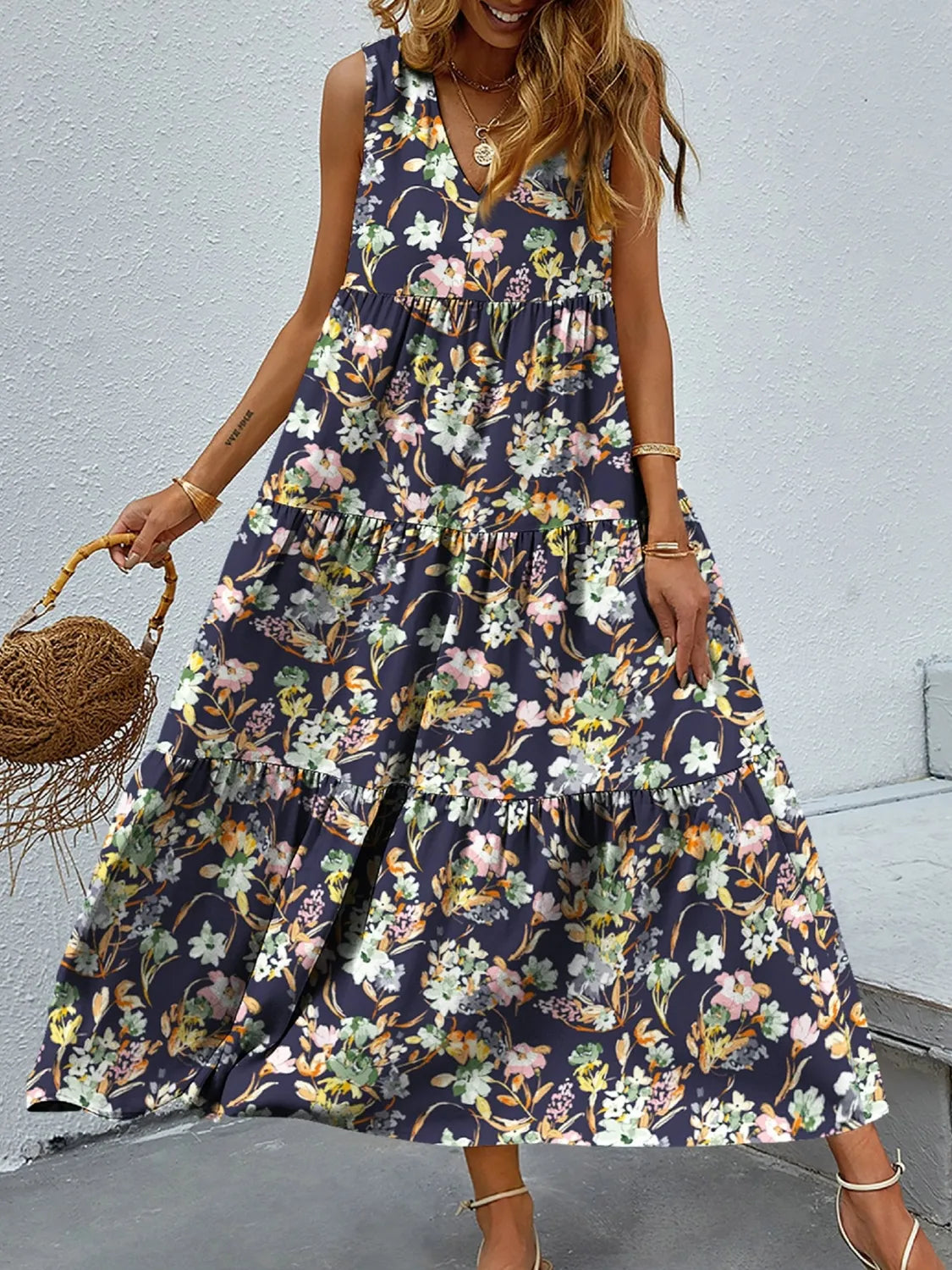 Vestido Floral Sin Mangas Estilo Boho