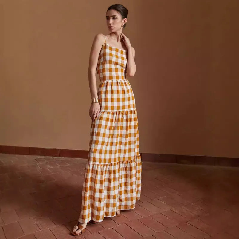 Vestido Cuadriculado Sin Espalda Estilo Boho